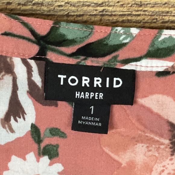 Torrid Harper Challis Button Front Blouse Top Crop Sleeve Pink Floral SZ 1 1X - Picture 3 of 9